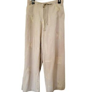 A La Lune lenin blend zipper and draw string pants, pockets  large keg  embroide